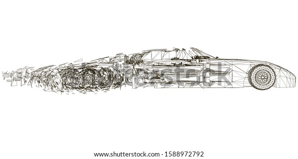 Wireframe of a sports car Isolated on a\
white background. The car collapses into many fragments. Side view.\
Vector illustration