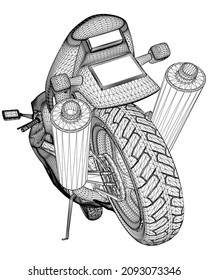 Wireframe of a sports motorcycle from black lines isolated on white background. Back view. 3D. Vector illustration