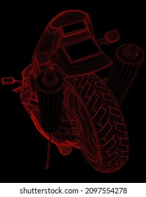 Wireframe of a sports motorcycle from red lines on a dark background. Back view. 3D. Vector illustration