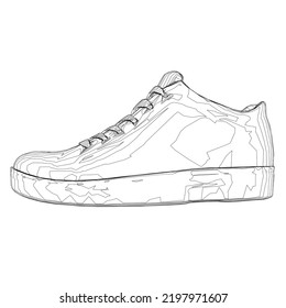 Wireframe of sports sneakers from black lines isolated on white background. Side view. 3D. Vector illustration.