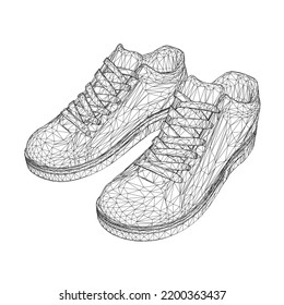 Wireframe of sports sneakers from black lines isolated on white background. Isometric view. 3D. Vector illustration.