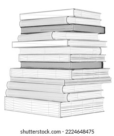 Wireframe of stack books from black lines isolated on white background. Front view. 3D. Vector illustration.