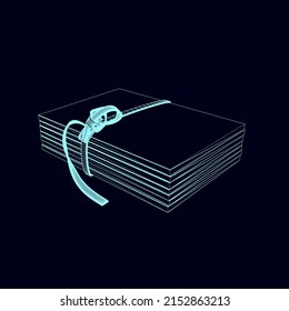 Wireframe of a stack of books tied with a belt made of blue lines isolated on a dark background. 3D. Vector illustration.