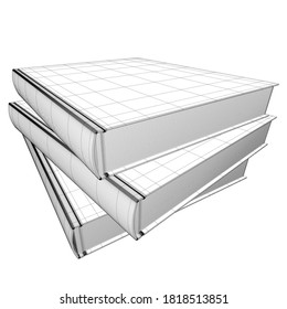 Wireframe of a stack of three books from black lines isolated on white background. Perspective view. 3D. Vector illustration