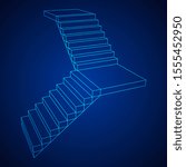 Wireframe stairs, interior staircases steps. Wireframe low poly mesh vector illustration.