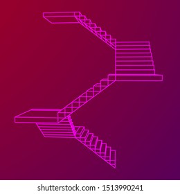 Wireframe stairs, interior staircases steps. Wireframe low poly mesh vector illustration.
