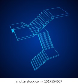 Wireframe stairs, interior staircases steps. Wireframe low poly mesh vector illustration.