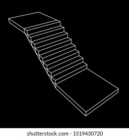 Wireframe stairs, interior staircases steps. Wireframe low poly mesh vector illustration.