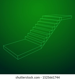 Wireframe stairs, interior staircases steps. Wireframe low poly mesh vector illustration.