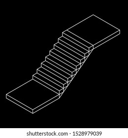 Wireframe stairs, interior staircases steps. Wireframe low poly mesh vector illustration.