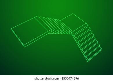 Wireframe stairs, interior staircases steps. Wireframe low poly mesh vector illustration.
