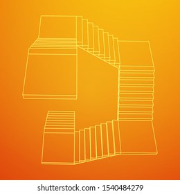 Wireframe stairs, interior staircases steps. Wireframe low poly mesh vector illustration.