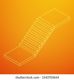 Wireframe stairs, interior staircases steps. Wireframe low poly mesh vector illustration.
