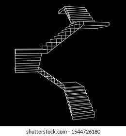 Wireframe stairs, interior staircases steps. Wireframe low poly mesh vector illustration.