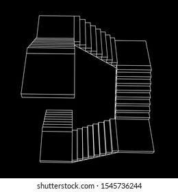 Wireframe stairs, interior staircases steps. Wireframe low poly mesh vector illustration.