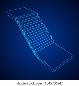 Wireframe stairs, interior staircases steps. Wireframe low poly mesh vector illustration.
