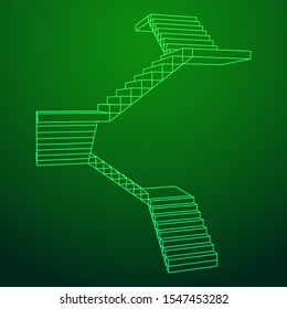 Escaleras con estructura de alambre, escaleras interiores. Ilustración vectorial de malla baja del bastidor de alambres.