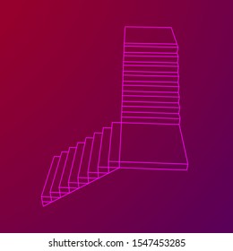Wireframe stairs, interior staircases steps. Wireframe low poly mesh vector illustration.