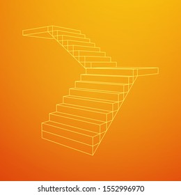 Wireframe stairs, interior staircases steps. Wireframe low poly mesh vector illustration.