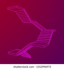 Wireframe stairs, interior staircases steps. Wireframe low poly mesh vector illustration.