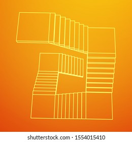 Wireframe stairs, interior staircases steps. Wireframe low poly mesh vector illustration.