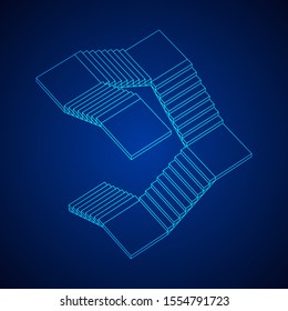 Wireframe stairs, interior staircases steps. Wireframe low poly mesh vector illustration.