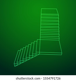 Wireframe stairs, interior staircases steps. Wireframe low poly mesh vector illustration.