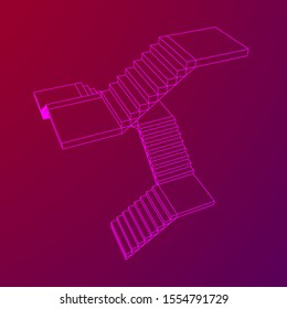 Wireframe stairs, interior staircases steps. Wireframe low poly mesh vector illustration.