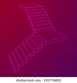 Wireframe stairs, interior staircases steps. Wireframe low poly mesh vector illustration.