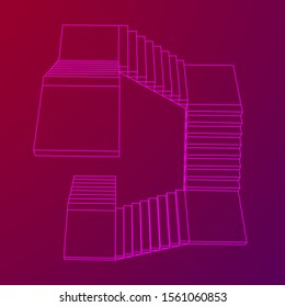 Wireframe stairs, interior staircases steps. Wireframe low poly mesh vector illustration.