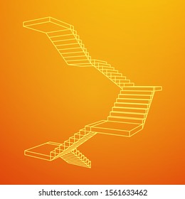 Wireframe stairs, interior staircases steps. Wireframe low poly mesh vector illustration.