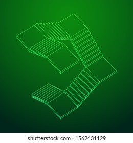 Wireframe stairs, interior staircases steps. Wireframe low poly mesh vector illustration.