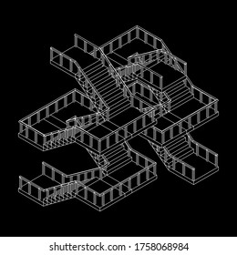 Wireframe stairs, interior staircases steps with railing. Wireframe low poly mesh vector illustration.