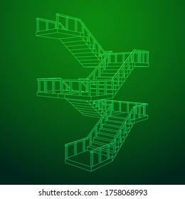 Escaleras con armazón, escaleras interiores con barandilla. Ilustración vectorial de malla baja de malla de malla de alambre.