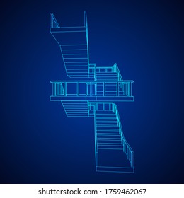 Wireframe stairs, interior staircases steps with railing. Wireframe low poly mesh vector illustration.