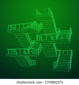 Treppen mit Wireframe, Innentreppe Treppen mit Geländer. Wireframe Low-Poly-Mesh, Vektorgrafik.