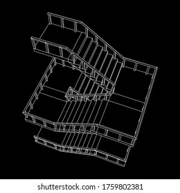 Wireframe stairs, interior staircases steps with railing. Wireframe low poly mesh vector illustration.