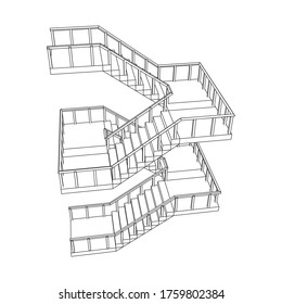 Wireframe stairs, interior staircases steps with railing. Wireframe low poly mesh vector illustration.