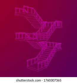 Wireframe stairs, interior staircases steps with railing. Wireframe low poly mesh vector illustration.