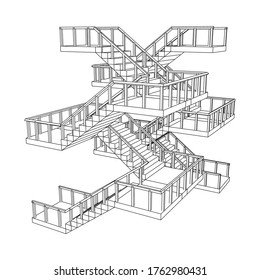 Escaleras con armazón, escaleras interiores con barandilla. Ilustración vectorial de malla baja de malla de malla de alambre.