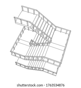 Wireframe stairs, interior staircases steps with railing. Wireframe low poly mesh vector illustration.