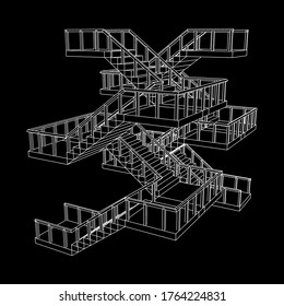 Wireframe stairs, interior staircases steps with railing. Wireframe low poly mesh vector illustration.