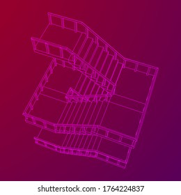 Escaleras con armazón, escaleras interiores con barandilla. Ilustración vectorial de malla baja de malla de malla de alambre.