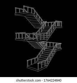 Wireframe stairs, interior staircases steps with railing. Wireframe low poly mesh vector illustration.