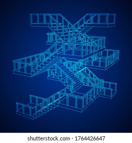 Treppen mit Wireframe, Innentreppe Treppen mit Geländer. Wireframe Low-Poly-Mesh, Vektorgrafik.