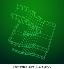 Wireframe stairs, interior staircases steps with railing. Wireframe low poly mesh vector illustration.