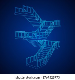 Wireframe stairs, interior staircases steps with railing. Wireframe low poly mesh vector illustration.