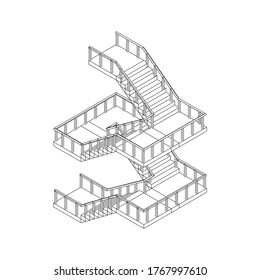 Escaleras con armazón, escaleras interiores con barandilla. Ilustración vectorial de malla baja de malla de malla de alambre.