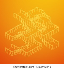 Treppen mit Wireframe, Innentreppe Treppen mit Geländer. Wireframe Low-Poly-Mesh, Vektorgrafik.