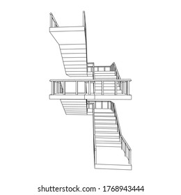 Escaleras con armazón, escaleras interiores con barandilla. Ilustración vectorial de malla baja de malla de malla de alambre.